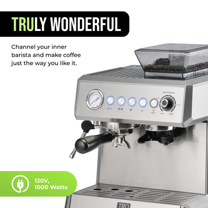 All-In-One Espresso Maker with Grinder & Steam Wand - Premium Espresso Machine with Built-In Coffee Grinder - 15 Bar Pressure Pump - Adjustable Steam Controls & Cup Warmer