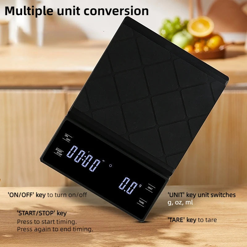 Electronic Coffee Scale with Silicone Pad Digital Food Scale with Timer High-Precision Portable Kitchen Baking Cooking Tool 3Kg