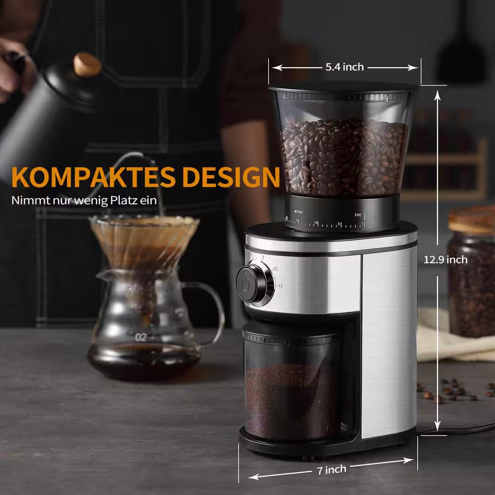 15 Oz. Burr Coffee Grinder, Electric Conical Coffee Bean Grinder with 30 Adjustable Grind Settings for 2-12 Cups, Sliver