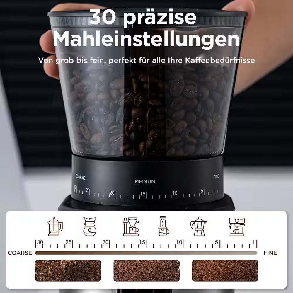15 Oz. Burr Coffee Grinder, Electric Conical Coffee Bean Grinder with 30 Adjustable Grind Settings for 2-12 Cups, Sliver