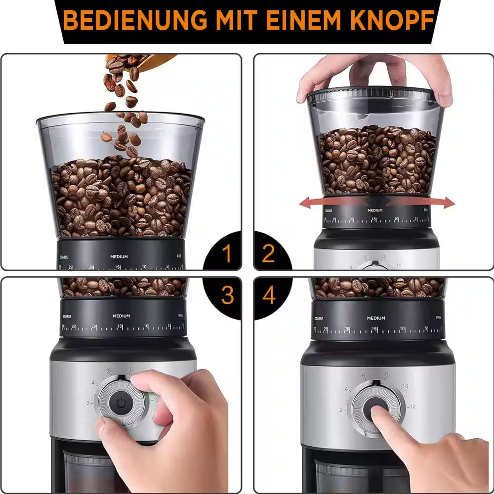 15 Oz. Burr Coffee Grinder, Electric Conical Coffee Bean Grinder with 30 Adjustable Grind Settings for 2-12 Cups, Sliver